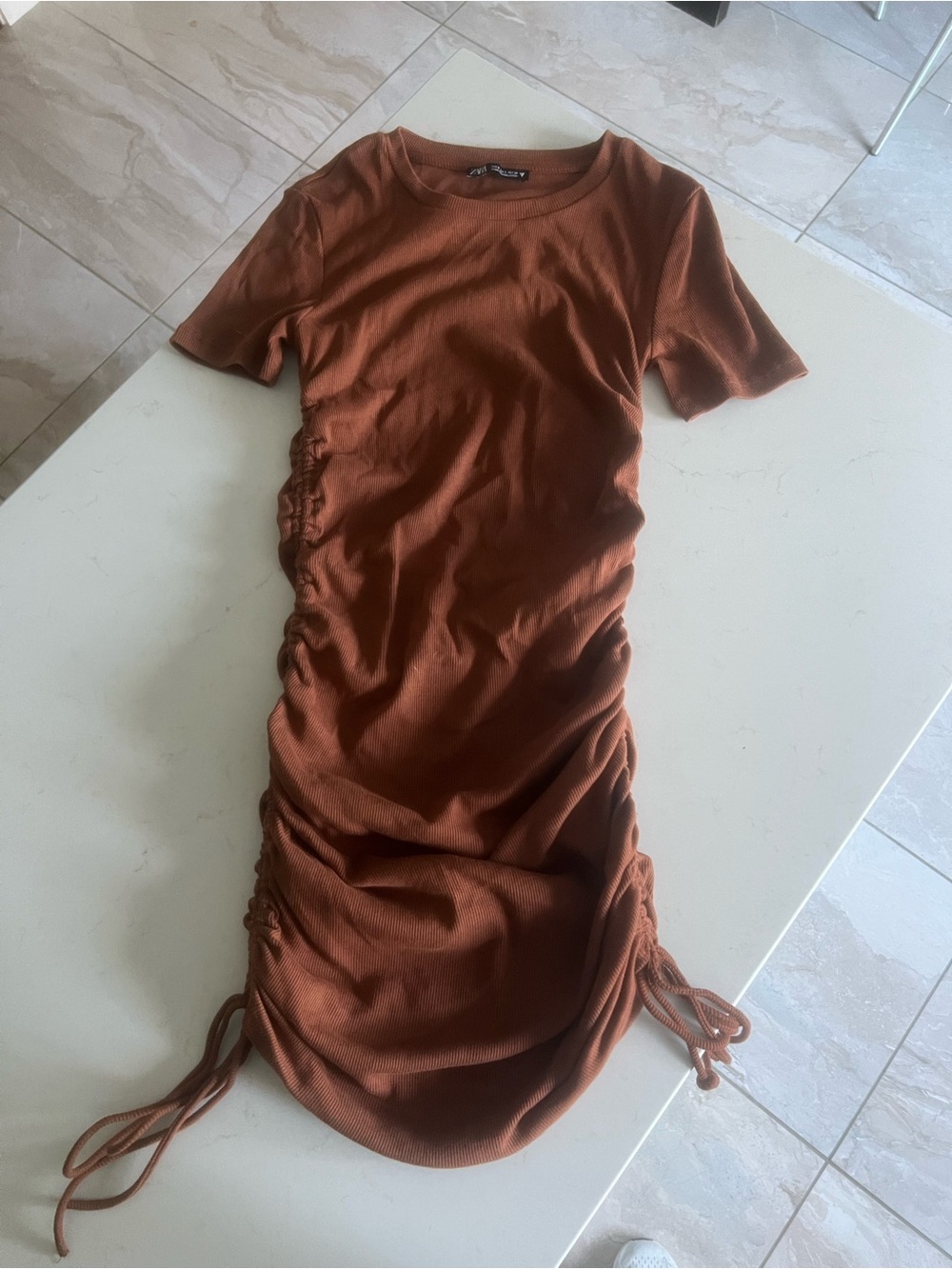 Zara Rust Brown Side-Ruched Mini Dress
